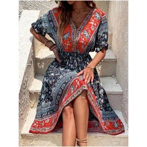 Boho Floral Paisley Print High Low Midi Dress